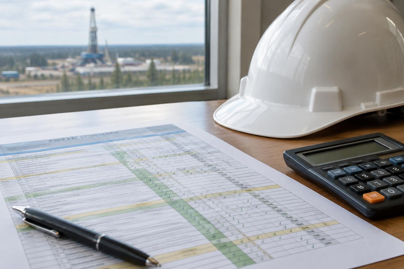 Compliance spreadsheet and calculator beside a hard hat