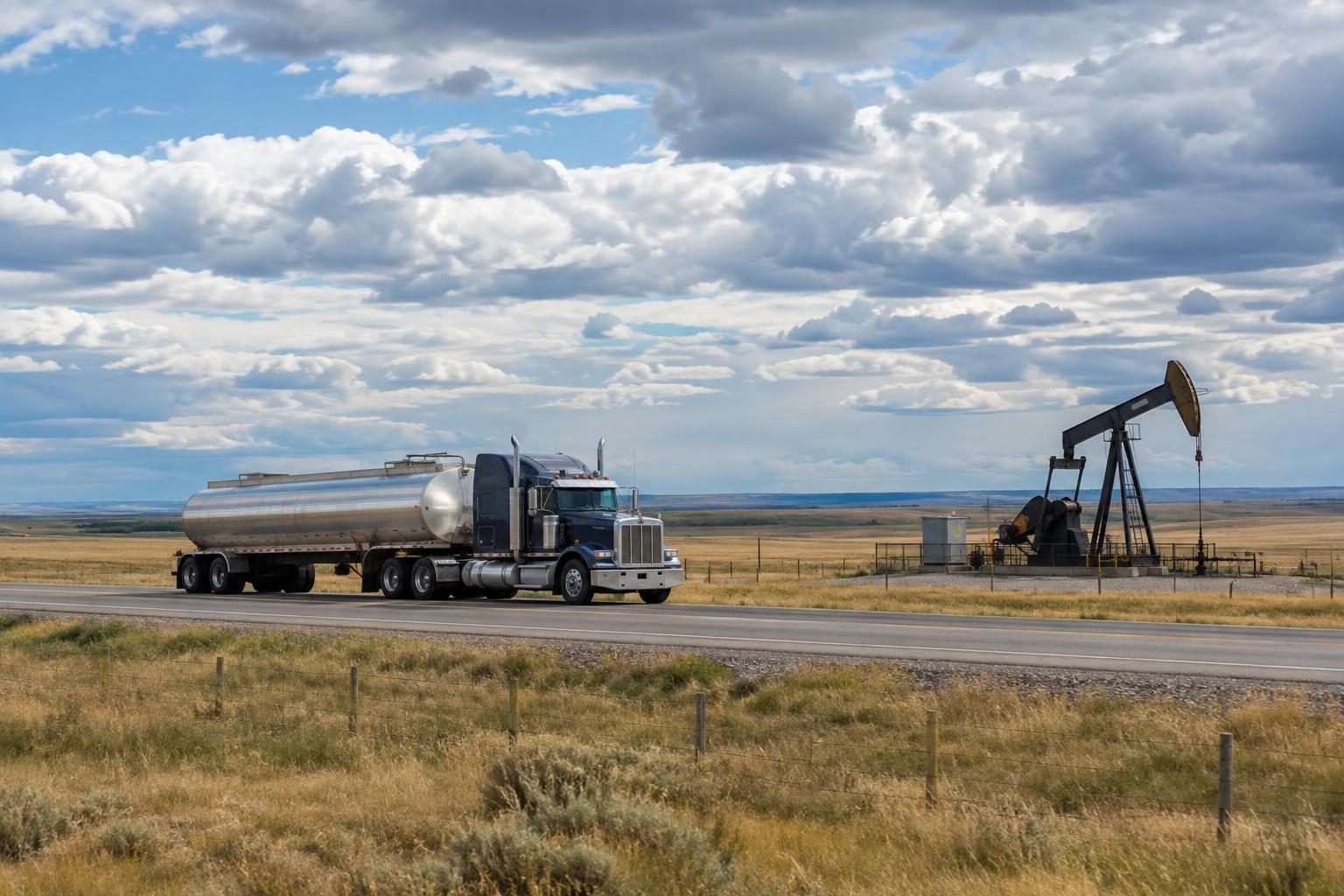 Tanker truck passing a pumpjack on a prairie road